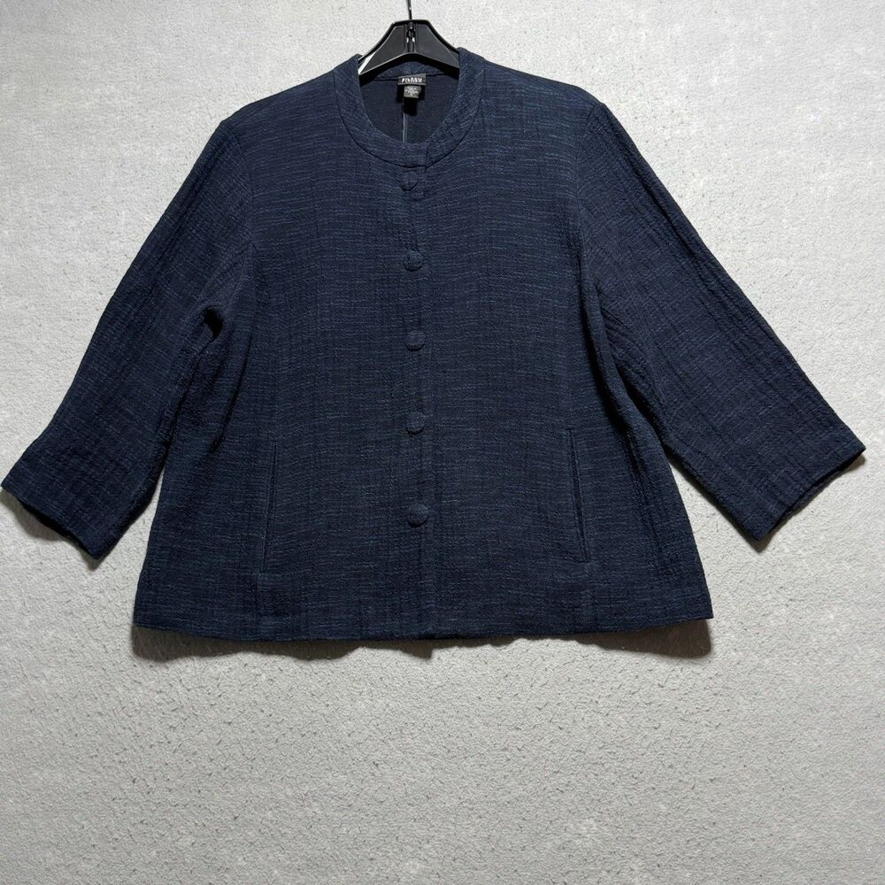 Eileen Fisher Jacket Women’s 1X Dark Navy Blue Cotton Crepe 3/4 Sleeve Jacket